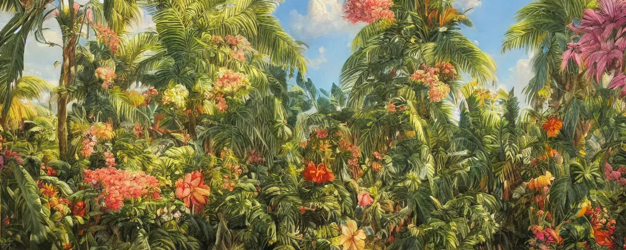 Image similar to a highly detailed oil painting of Tropical Flowers, a view from ground level: elegant, ornate, daytime. this is a beautifully lit scene.