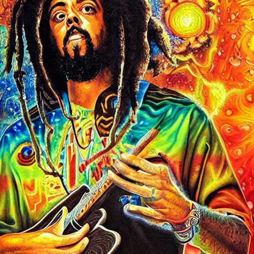 Image similar to a high hyper detailed painting with many complex textures of damian marley making music in the cosmos, cosmic surreal psychedelic magic realism spiritual ufo art