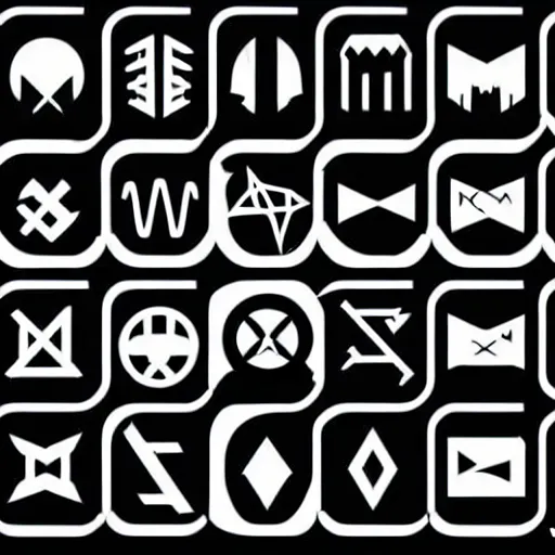 Prompt: futuristic white megacorporation symbols on a plain black background, in the style of hiversaires, minimal symbols drawing, black and white, graphical style poster, bold white futuristic symbols, vertical cyber symbols, glyph sheet