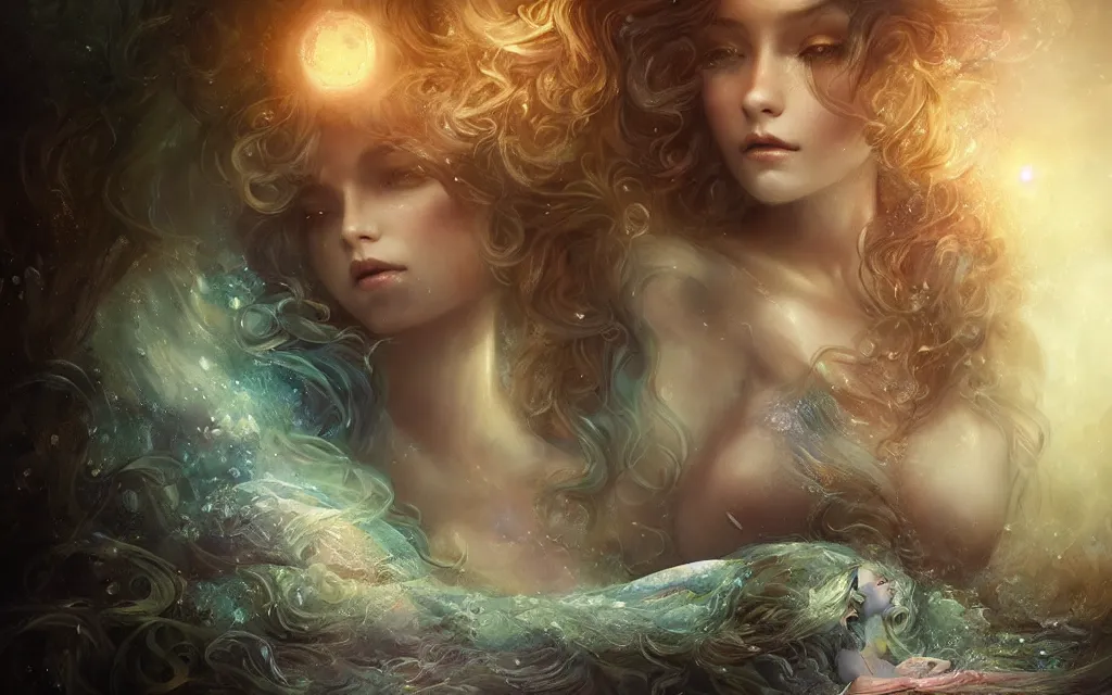 Prompt: beautiful mermaid with curly hair, dreamscape, magical details, magical atmosphere, cinematic lighting, hyper - detailed, cgsociety, 3 - d 8 k, high resolution, in the style of charlie bowater, tom bagshaw, alexis franklin, elena masci, pawel rebisz