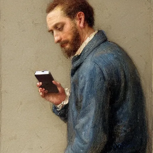 Prompt: A photorealistic painting of a man looking at his iphone in the style of Eugene de Blaas