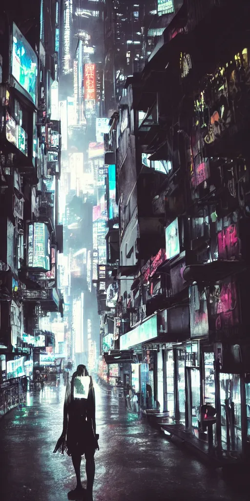 Image similar to cyberpunk city at night, night clubs and neons, rain, camera above roofs, girl under lantern