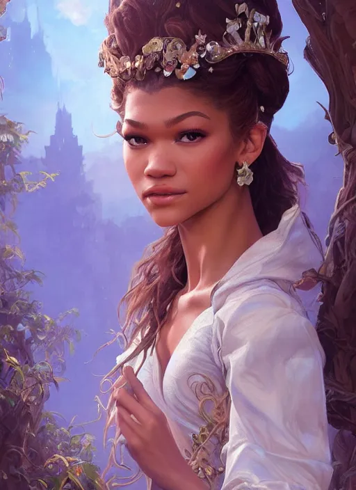 Image similar to beautiful zendaya as tiana princess disney, intricate, elegant. highly detailed, digital painting, artstation, concept art, smooth, sharp, focus, illustration, art by artgerm and greg rutkowski and alphonse mucha