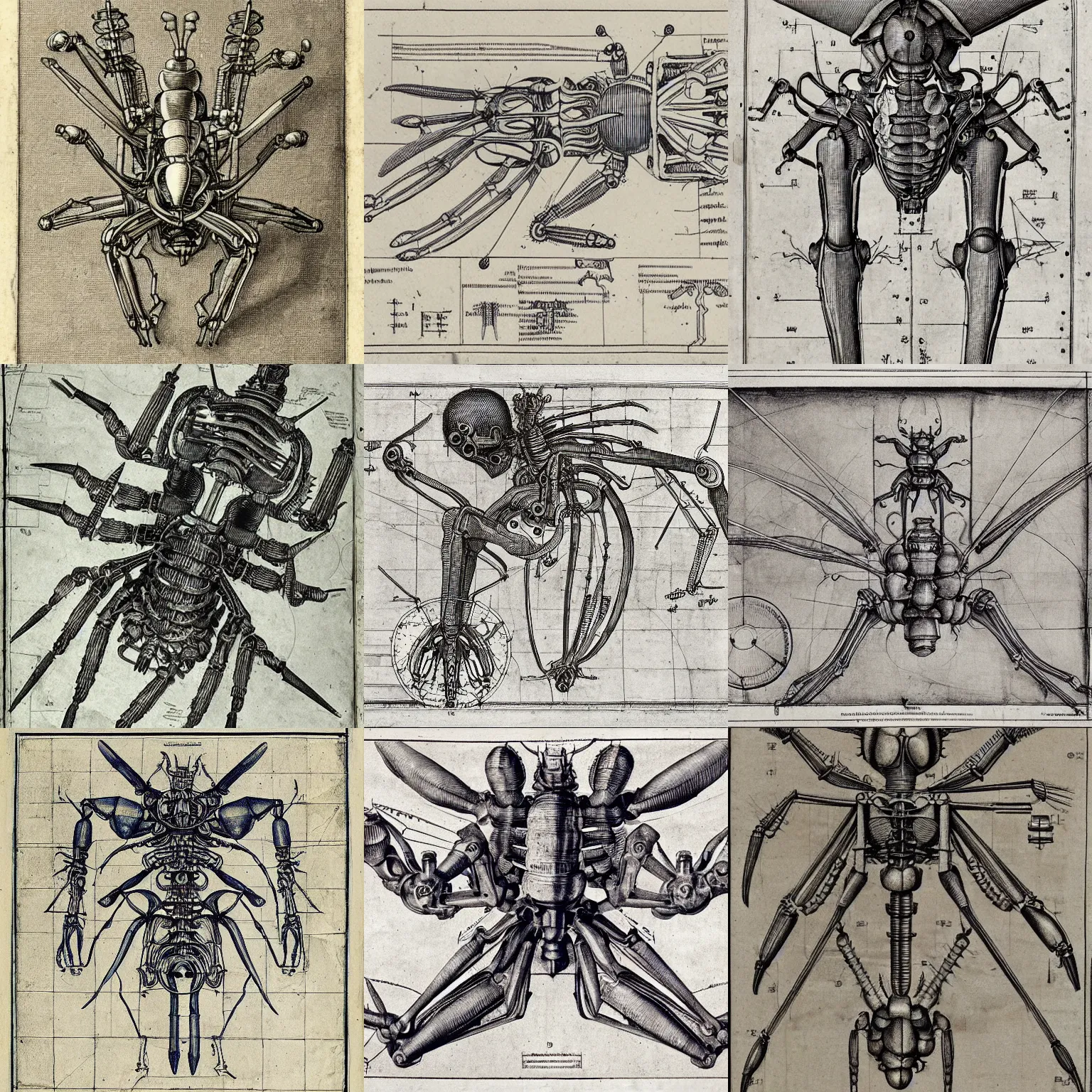 Prompt: insectoid mechanism with complex mechanical parts, drawing blueprint made by Albrecht Dürer