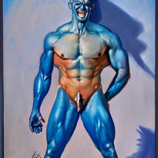 Prompt: photo shot of muscular genie with blue skin covered in oil laughing, posing in bed, morning sunlight, detailed, realistic, in style of j. c. leyendecker