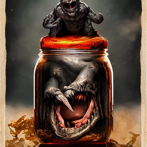 Prompt: Evil monster in a jar by Greg Rutkowski, product photography, centered, studio lightning