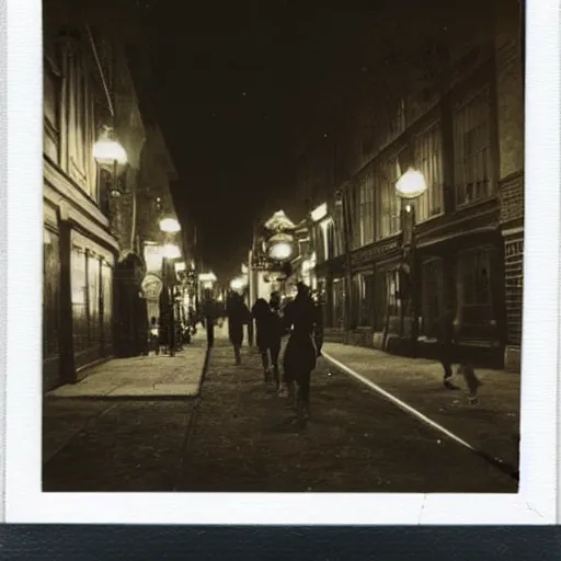 Prompt: a street level Polaroid of a steampunk victorian city street, with people walking on the streets, at night