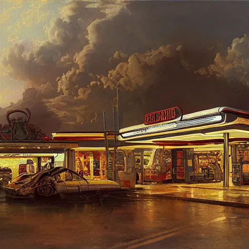 Prompt: painting of syd mead artlilery scifi gas station with ornate metal work lands on a farm, filigree ornaments, volumetric lights, andreas achenbach