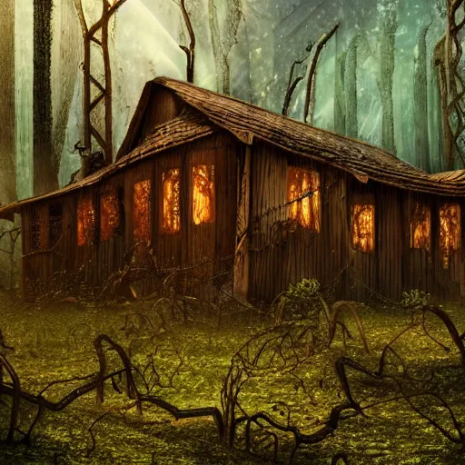 Prompt: collapsed wooden house in mythical forest with creepy ambiance, vines hanging from trees, glowing fireflies, hazy, by hr giger, sharp focus, highly detailed