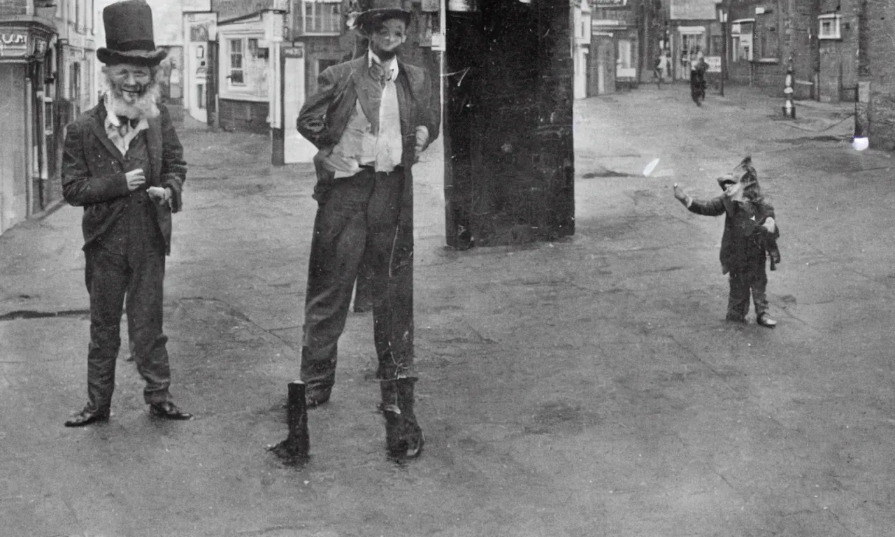 Image similar to leprechaun standing on the streets of british town, newspaper photo