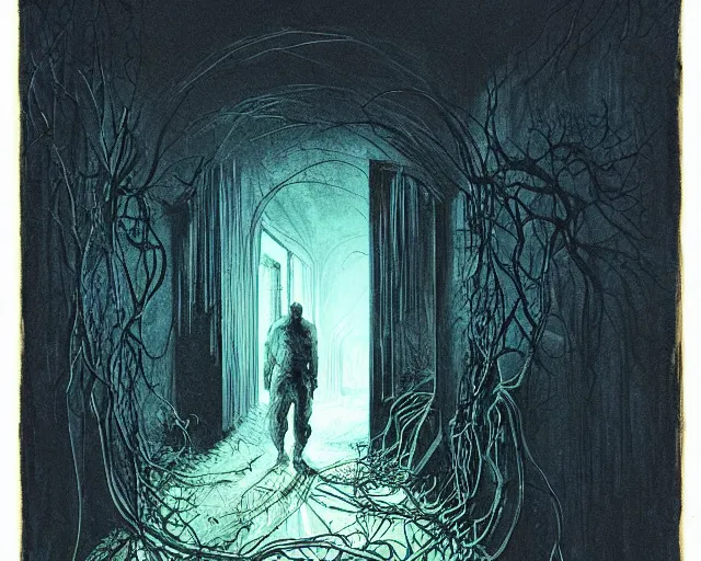 Prompt: in this ominous scene, we see a long twisting corridor leading to a door with light spilling beneath it, a mysterious ghostly figure passes through old wallpaper, art by bernie wrightson, foreboding, creepy, dusty, abandoned, colorful, blue and gold color scheme, masterpiece, vines on the floor, clear silhouette, yellowing wallpaper