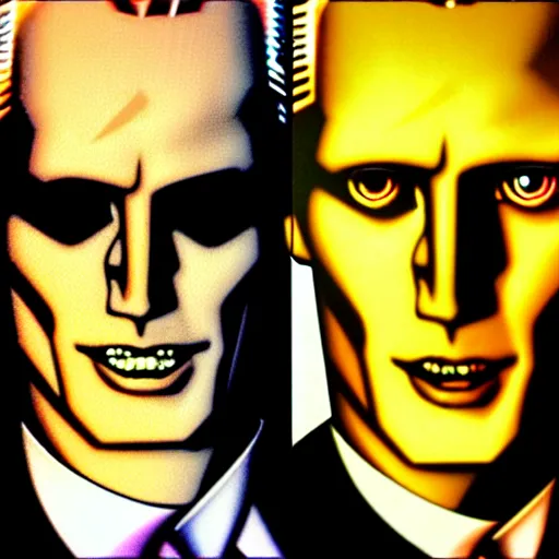 Image similar to uhd hyperrealistic photorealisitc detailed image of cosmic max headroom with sparking, busted, broken cybernetic implants, correct face, matt frewer as max headroom by ayami kojima, amano, karol bak, and ferdinand knab.