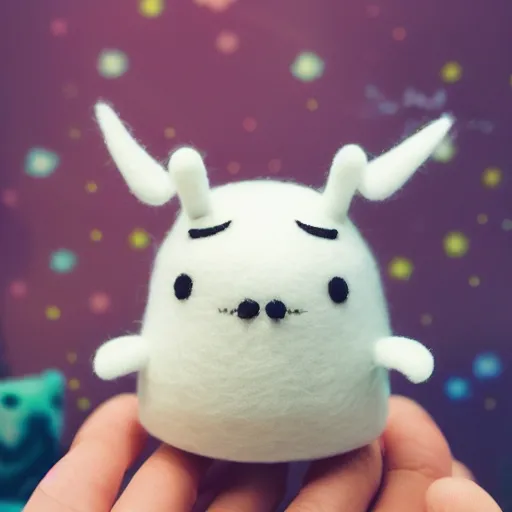 Image similar to a furry Moomin, two tiny horns, big head, 3D art, Baymax style, sweet department, felt, kawaii, Marina Dieul, Monchhich, Kristina Shablina, 8K