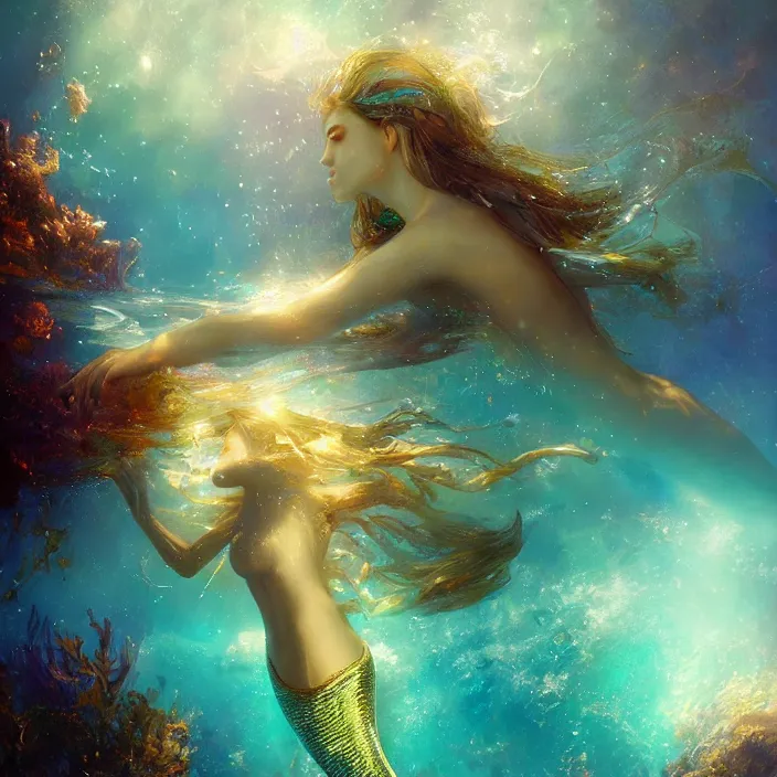 Prompt: glimmering mermaid swimming underwater, dolphins, golden hour, god rays, coral reef, dreamscape by artgerm and ruan jia and ismail inceoglu and greg olsen, cosmos, milky way galaxy, masterpiece, beautiful, intricate, elegant, highly detailed