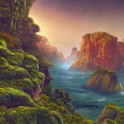 Image similar to digital painting of a lush natural scene on an alien planet by gerald brom. digital render. detailed. beautiful landscape. colourful weird vegetation. cliffs and water.