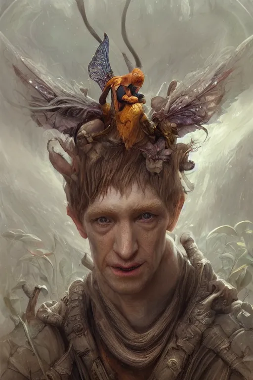 Image similar to closeup portrait shot of domhnall gleeson as puck, robin goodfellow, pooka, fairy wings, highly detailed, digital painting, artstation, concept art, soft focus, depth of field, artgerm, tomasz alen kopera, peter mohrbacher, donato giancola, wlop, boris vallejo