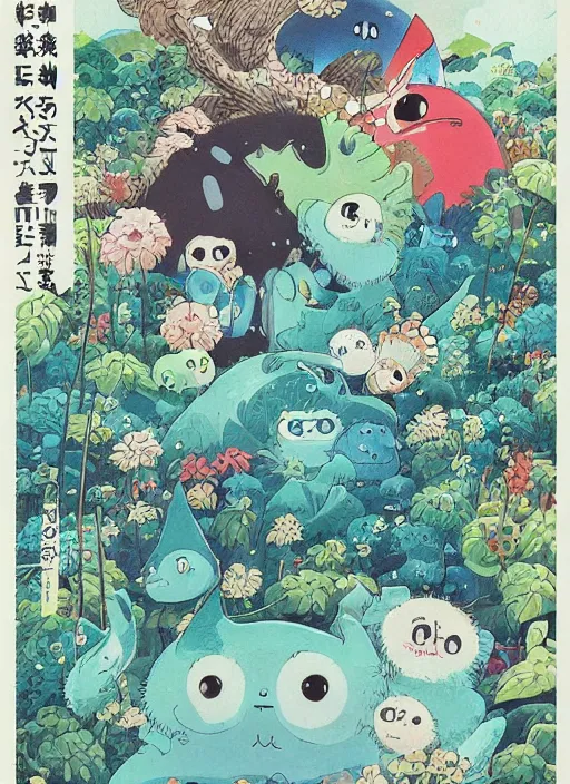 Prompt: a beautiful japanese magazine cover of a cute strange animal, illustrated by miyazaki, highly detailed, concept art, trending, poster