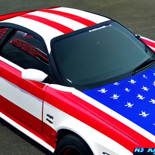 Image similar to skyline r34 Canada flag paintwork, photography, realistic, detailed