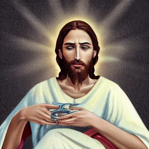 Image similar to jesus christ smoking a blunt, sitting in a wheelchair