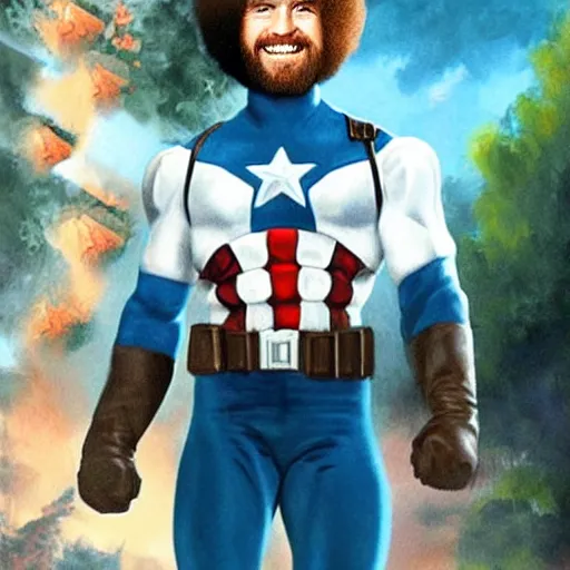 Prompt: bob ross as captain america, high-resolution photograph