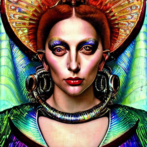 Prompt: close - up renaissance portrait of an iridescent art deco lady gaga, reflective detailed textures, highly detailed fantasy science fiction painting by moebius, norman rockwell and william holman hunt. modern industrial shaman, rich colors, high contrast. artstation