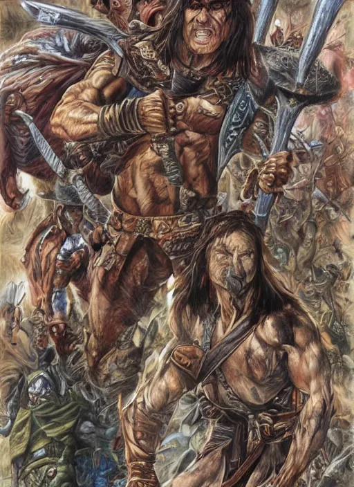 Image similar to A full-color airbrushed, ultra-detailed, hyperrealistic, photorealistic, mixed media, fineliner illustration of Conan the barbarian fighting skeleton warriors, by Glenn Fabry , John Buscema and Bill Sienkiewicz, trending on marvel, trending on artstation