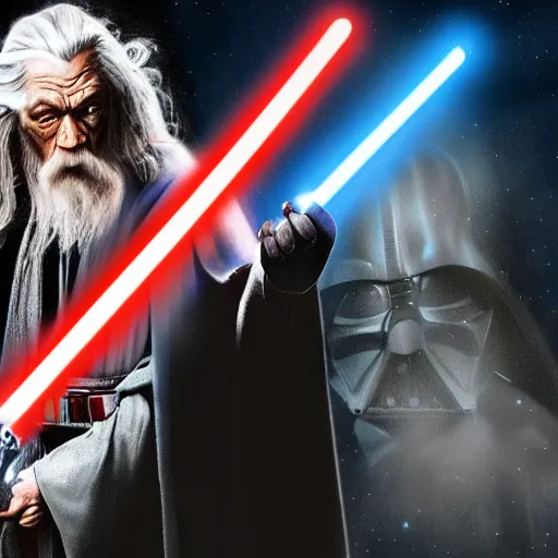 Prompt: gandalf fighting darth vader with a lightsaber, lord of the rings, star wars, dramatic lighting, 4 k, digital art,