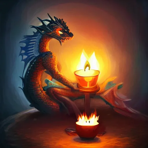 Prompt: tiny dragon that lights a candle with its fire breath, the candle is on a wooden table, on a candle holder, the dragon is placed on the table and a single flame comes from his mouth, fantasy painting, artstation, Fantasycore, award winning, stunning art, cozy