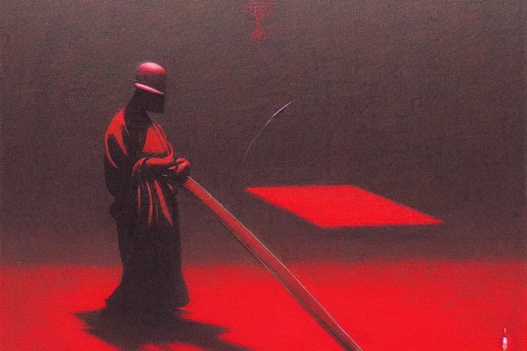 Image similar to only with red, a red samurai do seppuku, tokio, a lot of frogs watch, in the style of beksinski, parts by edward hopper, parts by rodcenko, parts by yue minjun, intricate and epic composition, red by caravaggio, insanely quality, highly detailed, masterpiece, red light, artstation, 4 k