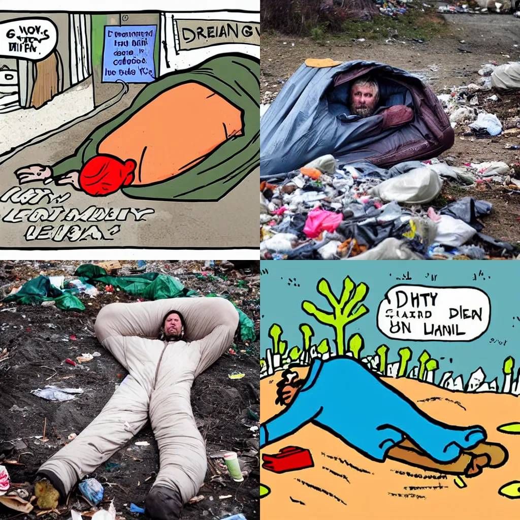 Prompt: Dirty man in a sleeping bag crawling around a garbage covered landmass, in the style of a political cartoon