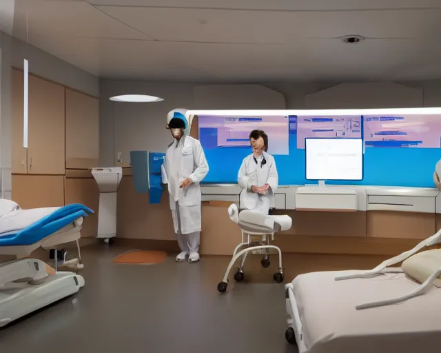 Prompt: The hospital room of the future, in a futuristic spaceship, with calming bright lights and a welcoming wooden floor, a doctor and her patient look at a computer screen showing medical graphs