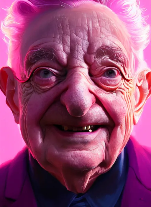 Image similar to portrait of george soros, realistic, smile, ugly, defined jawline, pink hair bow, intricate, elegant, glowing lights, highly detailed, digital painting, artstation, sharp focus, illustration, art by wlop, mars ravelo and greg rutkowski