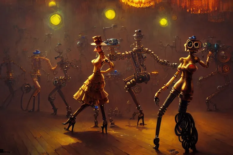 Image similar to steampunk robots expressively dancing on the dance floor by otto dix and greg rutkowski and andreas rocha, cinematic lighting, highly detailed, warm colours, 4 k