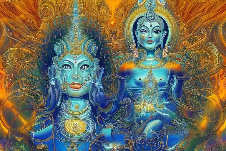 Prompt: a blue hindu goddess angel entity in a golden hyperspace dmt room with thailand temple architecture, by alex grey, by android jones, by peter mohrbacher