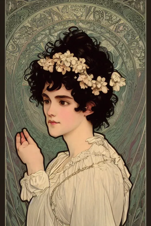 Image similar to beautiful cottagecore of a girl with short black curly hair, round face, cute face. intricate, elegant. highly detailed, digital painting, artstation, concept art, smooth, sharp, focus, illustration. art by alphonse mucha