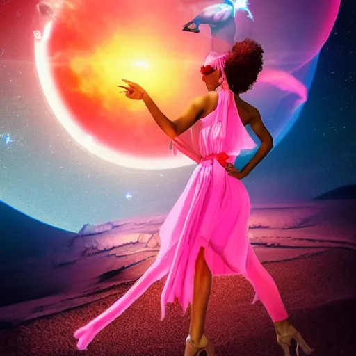 Prompt: a goddess wearing a flamingo fashion, sci - fi aesthetics, on fire, photoshop, colossal, creative and cool, giant, digital art, photo manipulation, planets, with earth, outer space, smoke