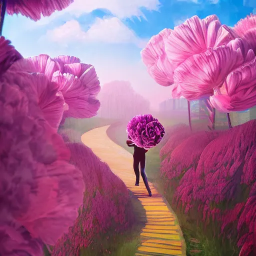 Prompt: a giant carnation flower head, woman running between luxury apartments, surreal photography, sunlight, impressionist painting, digital painting, artstation, simon stalenhag