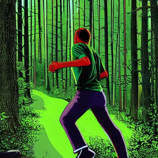 Image similar to a sporty guy runs alone through a forest with tall trees, art by Al Feldstein, acid-green sneakers, a shot from the back in perspective,