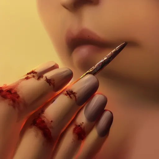 Image similar to Nails and needles pierce human flesh, the person is horrified or embittered, fantasy art, trending on artstation, close-up, digital painting, concept art, smooth, sharp focus, detalied, illustration
