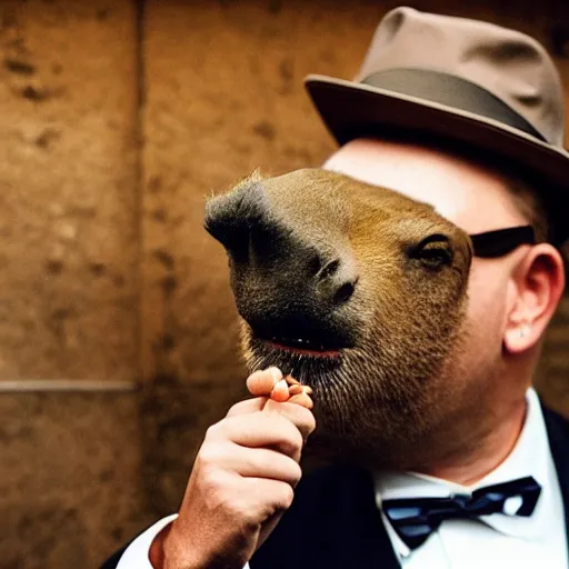 Image similar to smoking cigar, a man wearing a suit capybara head wearing a hat (smoking cigar)