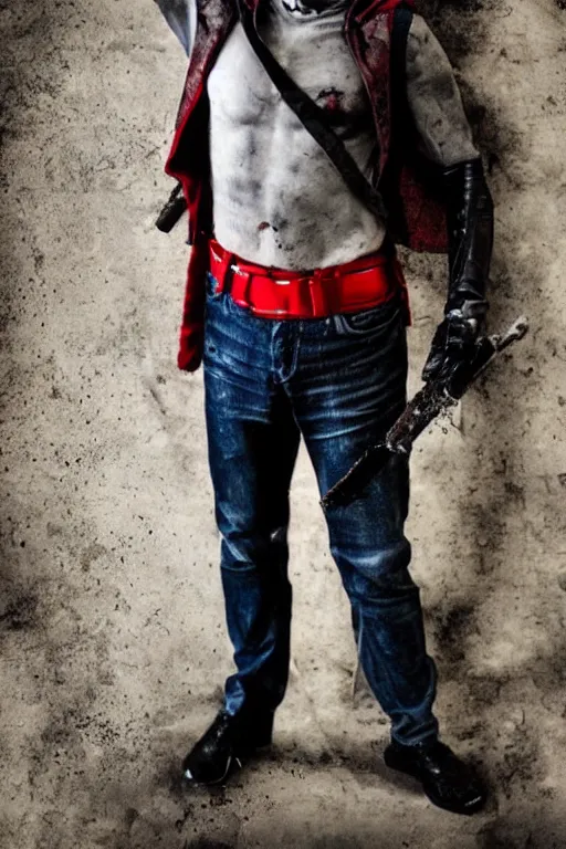 Image similar to red hood cosplay, creepy, disturbing, bloody, darkness, grainy, urban, jeans