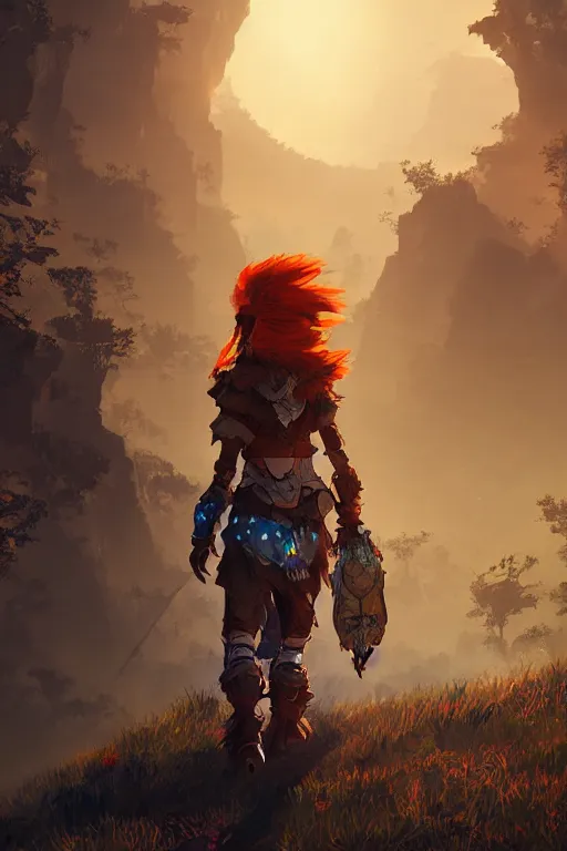 Image similar to combination suit armor aloy horizon forbidden west horizon zero dawn radiating a glowing aura global illumination ray tracing hdr fanart arstation by ian pesty and alena aenami artworks in 4 k tribal robot ninja mask helmet backpack