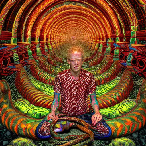 Prompt: Photorealistic man inside a temple made of snakes. Hyperdetailed photorealism, 108 megapixels, amazing depth, glowing rich colors, powerful imagery, psychedelic Overtones