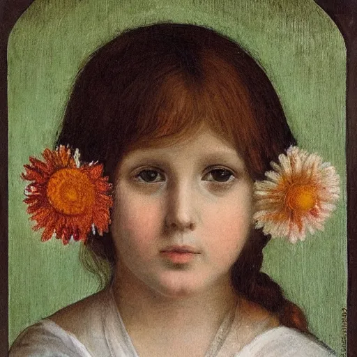 Prompt: “portrait of brownhair medieval child girl with flowers over her head, artwork, academic, sharp focus”