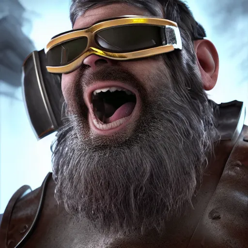 Image similar to highly detailed octane render of a close up portrait of an ugly man with a beard wearing goggles and armour and screaming in a cave