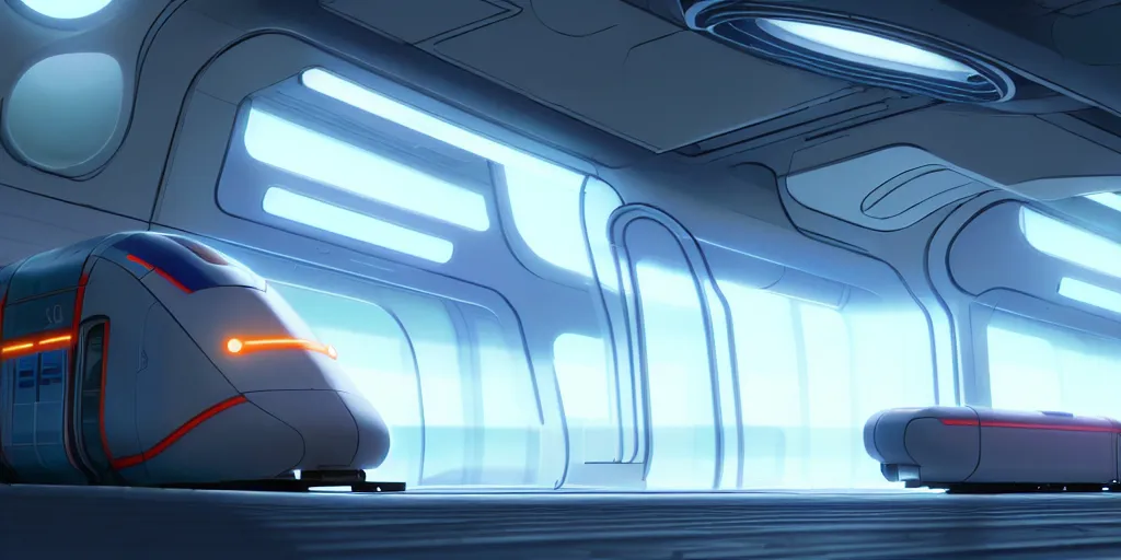 Image similar to futuristic train designed by apple, studio ghibli, pixar and disney animation, sharp, rendered in unreal engine 5, anime key art by greg rutkowski, bloom, dramatic lighting