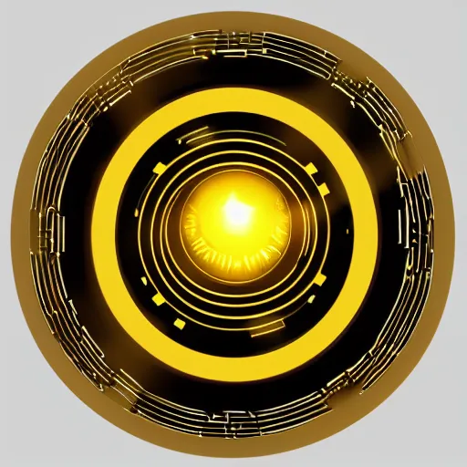 Prompt: magic golden computer chip with a glowing flat crystal in the center, product photo, macro, trending on artstation