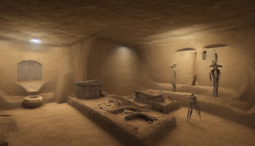 Prompt: interior of an ancient african tomb with dust particles, dusty ground, sands, bones everywhere, totem, hyperdetailed, artstation, cgsociety, 8 k