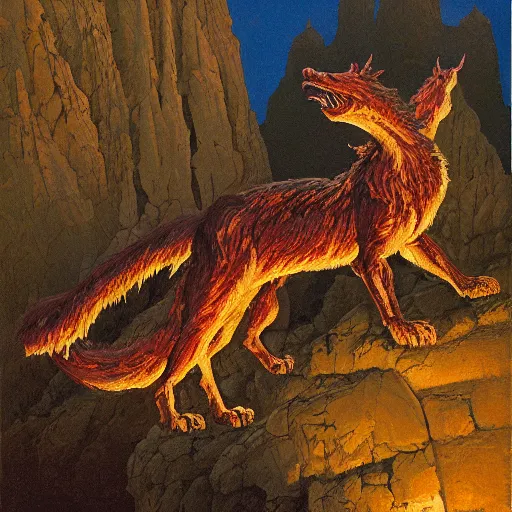 Prompt: Highly detailed oil painting of a fire hellhound on a narrow rock bridge, underground, intricate artwork by Angus McBride, John Howe, Matthew Stewart, Ted Nasmith, heroic fantasy