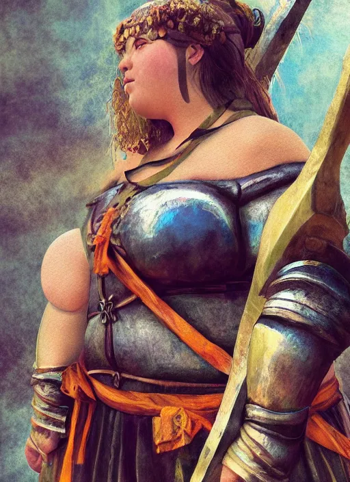 Prompt: hyper realistic photo of medieval chubby beautiful warrior girl, full body, rule of thirds, conceptart, saturated colors